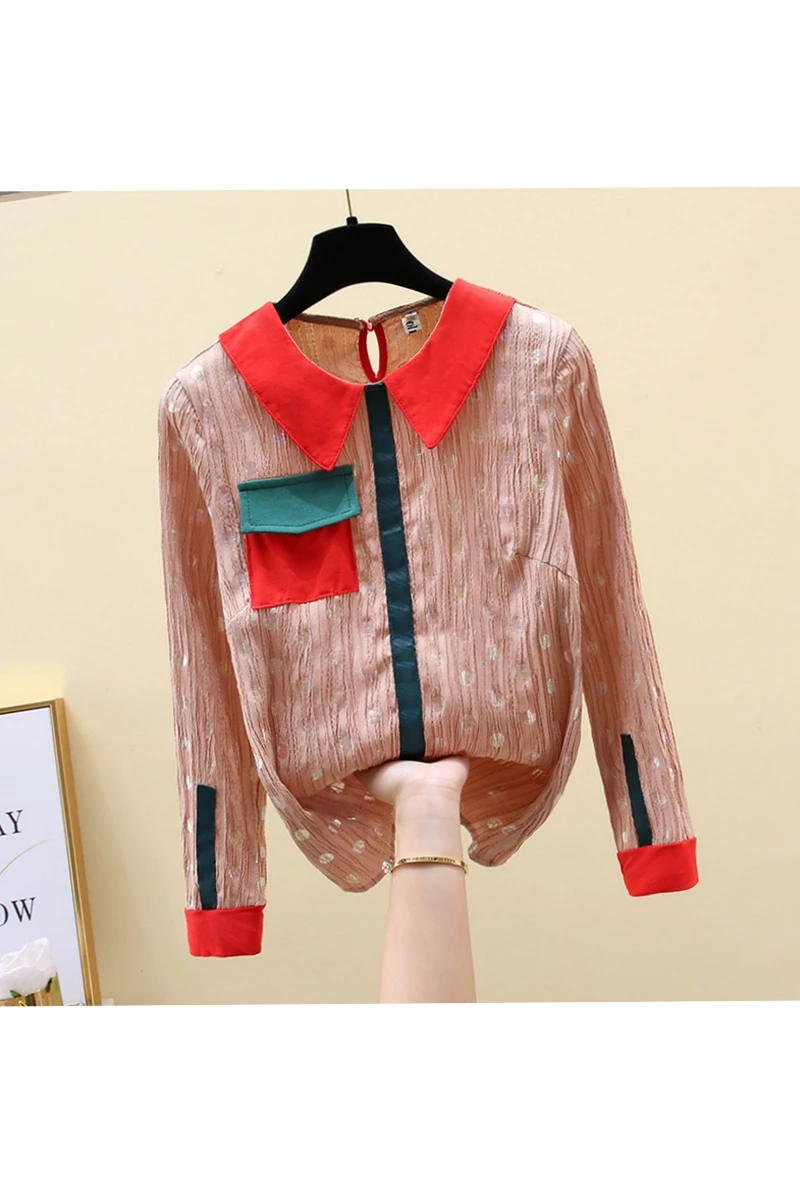 

2021 Spring and Autumn New Retro Contrast Turn Down Collar Chiffon Shirt Full Elegant and ComfortableBlouse Women