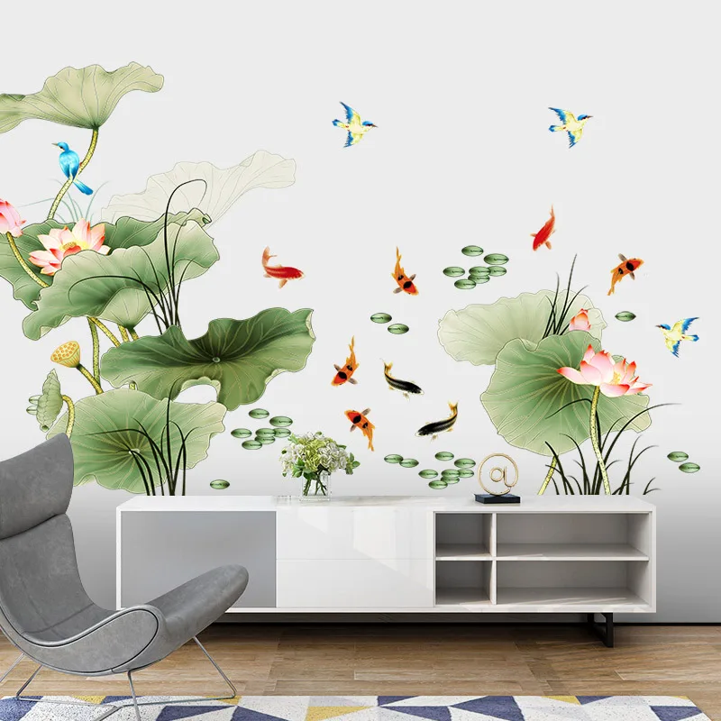 

DIY Large Lotus Leaves Wall Stickers Flower Fish Bedroom Home Decals Vinyl Living Room Sofa TV Backdrop Decor Wallpaper