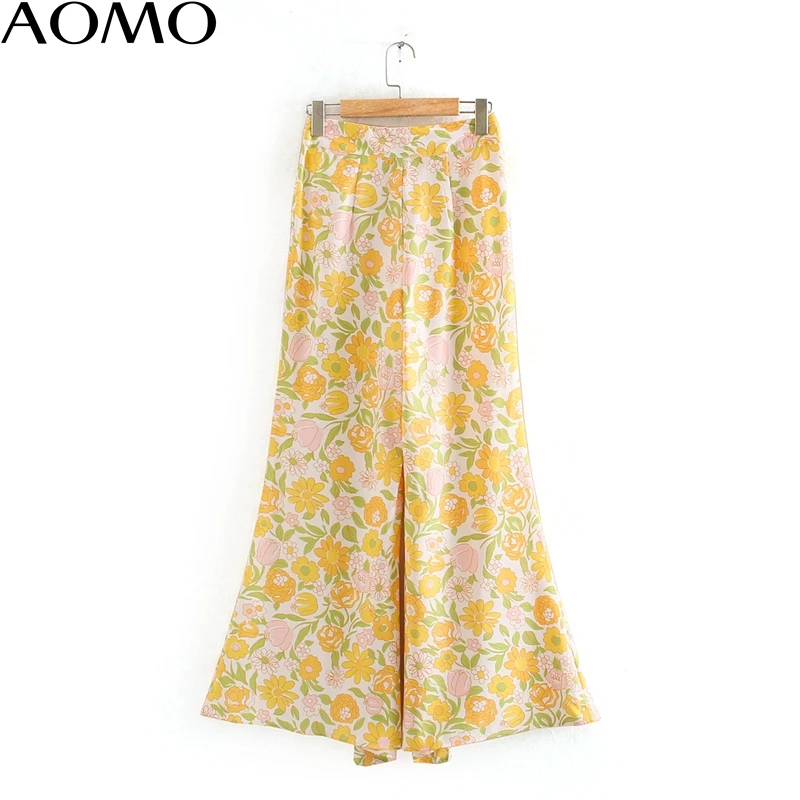 

AOMO fashion women floral print wide leg pants trousers vintage summer holiday causal pants pantalon 2XN101A