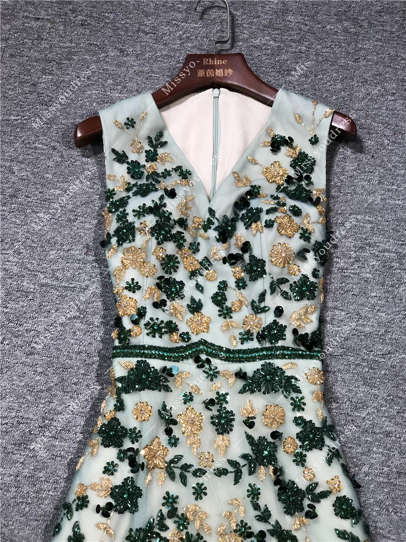 Green and Gold Color Heavy Beads Real Photos A-line V-neck Sleeveless Floor Length Party Prom Dancing Women Evening Dresses Gown