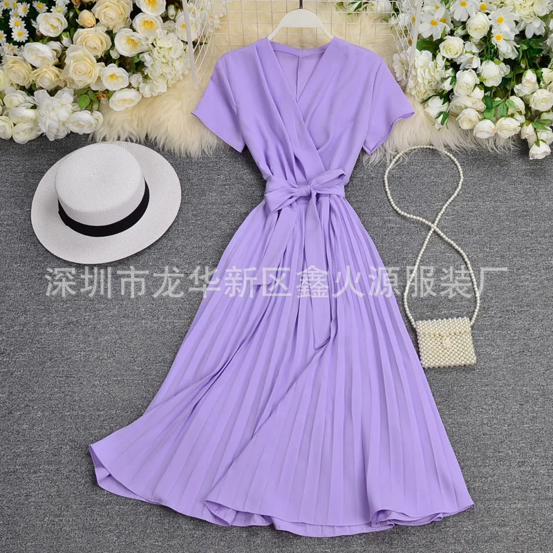 

Women Dress New Temperament Solid Color V Collar Waist Belt Knee Pleated Dress 2021 Summer Fashion Dress Vestido Donsignet