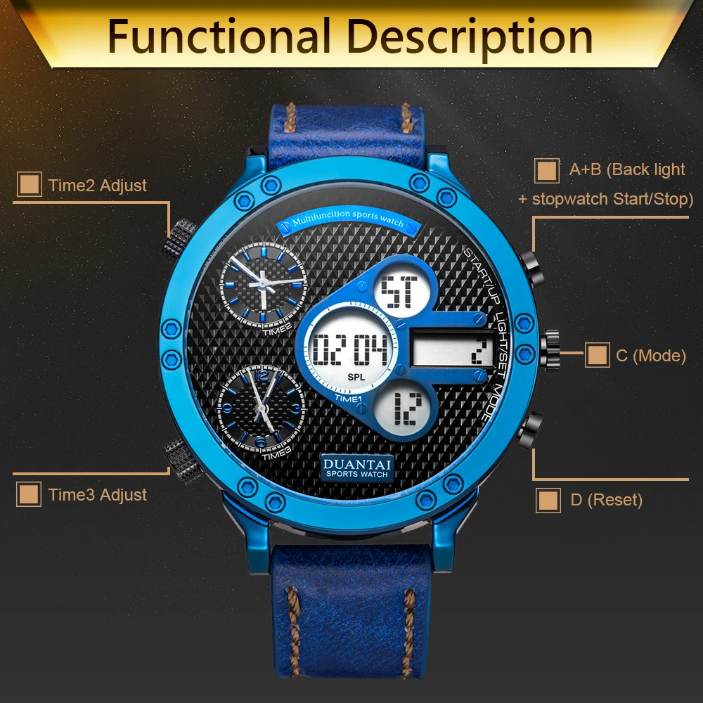 Мужские спортивные часы DUANTAI черные кварцевые с кожаным ремешком 2019|Кварцевые