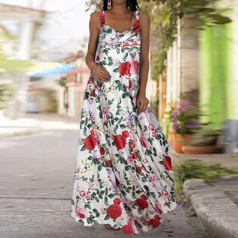 

Summer Fashion Print Spaghetti Strap Beach Party Dress Women Sexy Off Shoulder Sleeveless Backelss Long Dress Casual Loose Dress