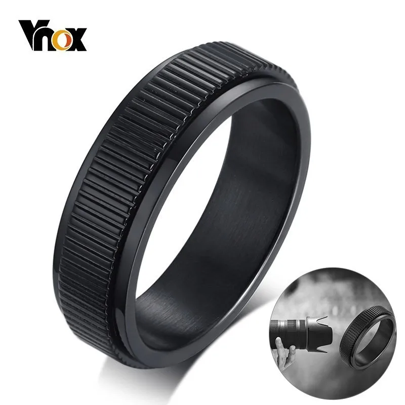 Vnox 8 мм объектив камеры дизайн Spinner мужское кольцо Черный Нержавеющая сталь крутой мужской