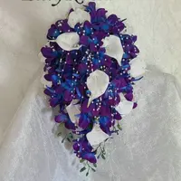 2022 Blue&Purple Galaxy Orchid Picasso Teardrop Bridal Bouquet White Calla Lilies Pearls Artificial Waterfall Wedding Flowers
