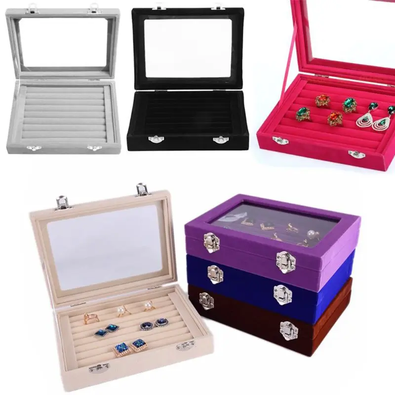 

Velvet Glass Ring Earring Jewelry Display Organizer Box Tray Holder Storage Case Portable Jewelry Box Storage Zipper Jewelers