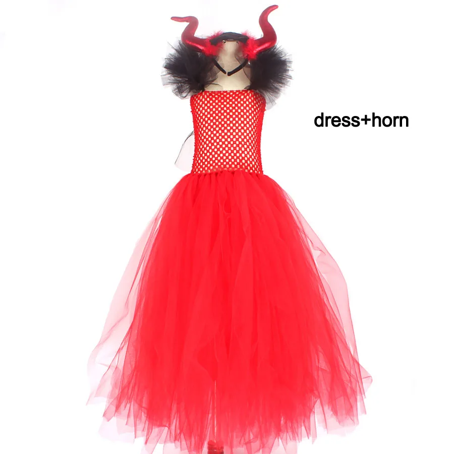 dress and horn Красный дьявольский Хеллоуин платье-пачка для девочек костюм детское малиновое платье с рогами и крыльями Косплей вечерние одежда ведьмы - Цвет: dress and horn