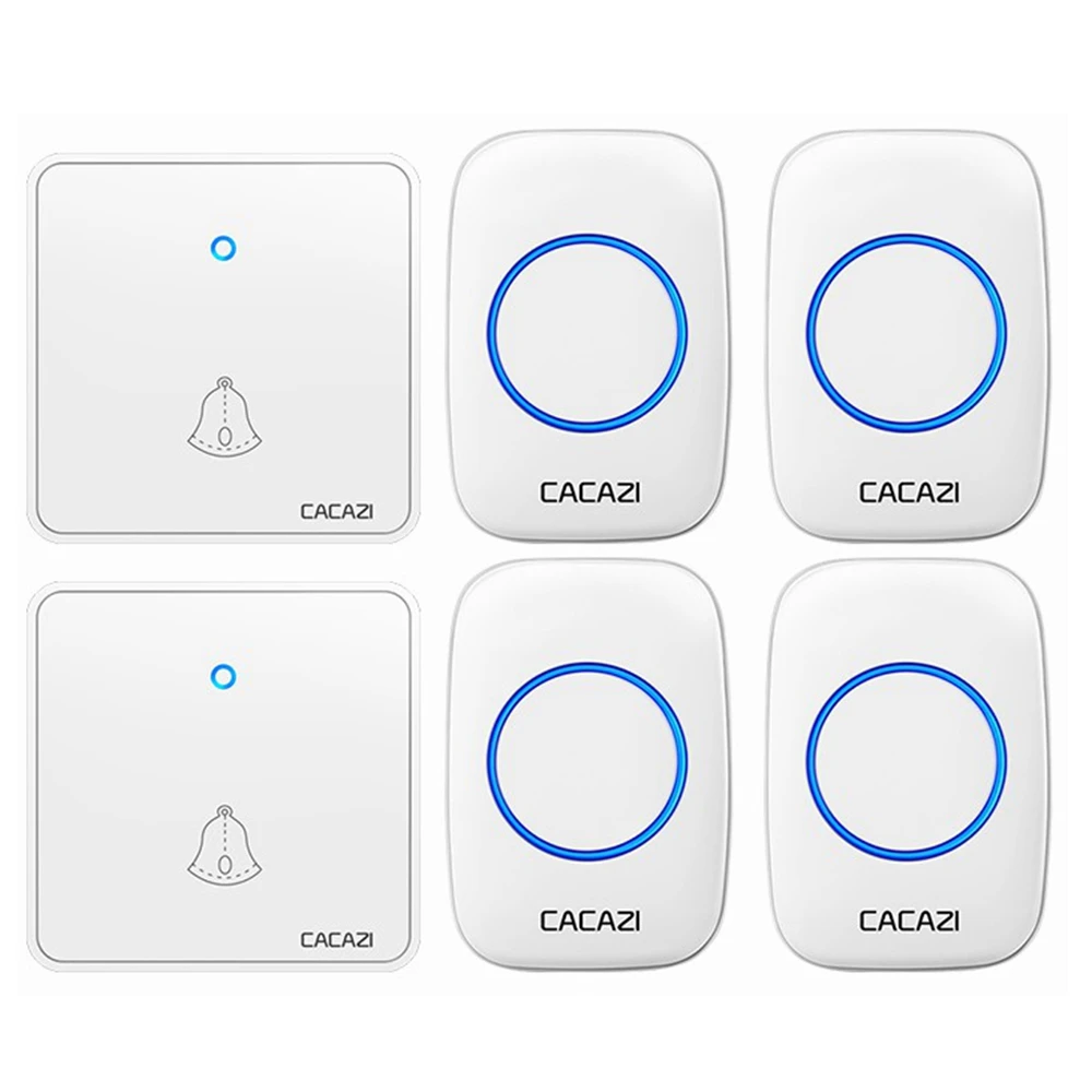 

CACAZI Wireless Doorbell Waterproof 300M Remote Night Light 2032 Battery 2 Transmitter 4 Receivers US EU UK Plug 0-110db Chimes