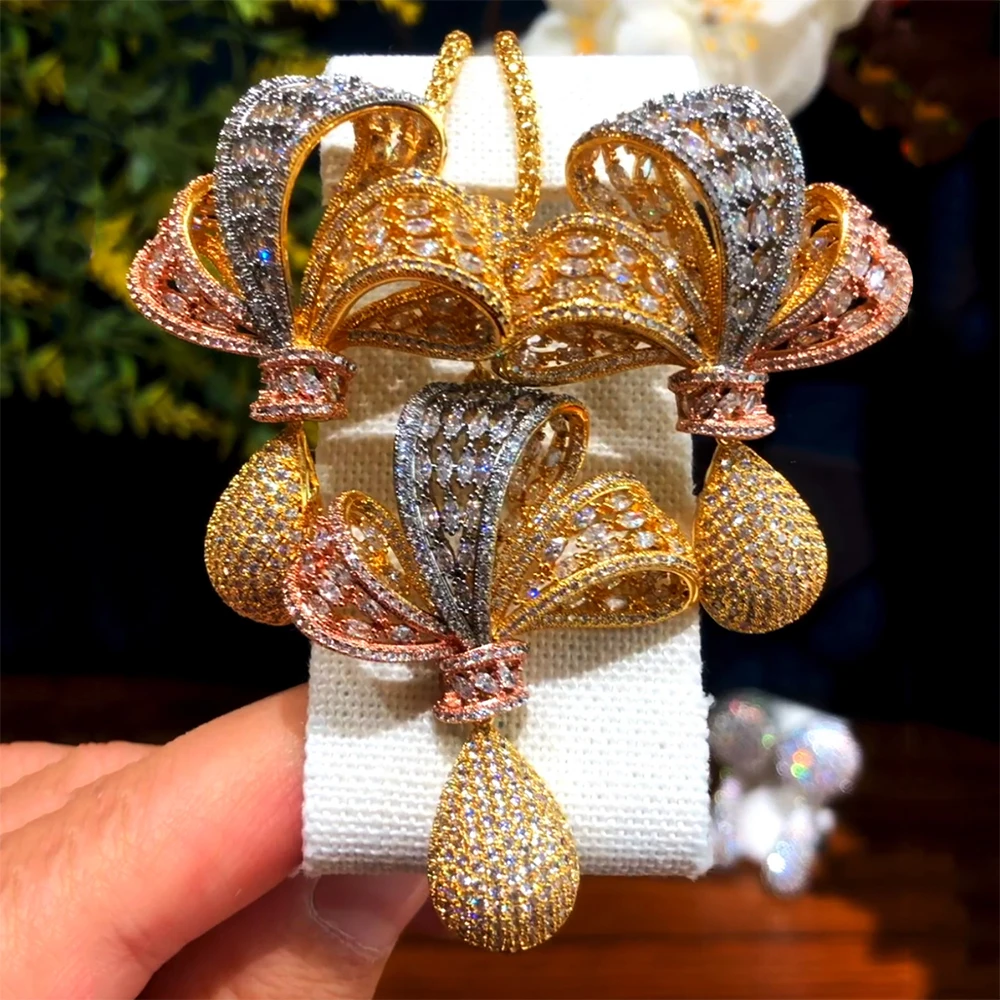

GODKI Luxury 2PCS 3 Tone Bowknots Statement Jewelry Set For Women Wedding Party Full Zircon Dubai Bridal jewelry Set 2021