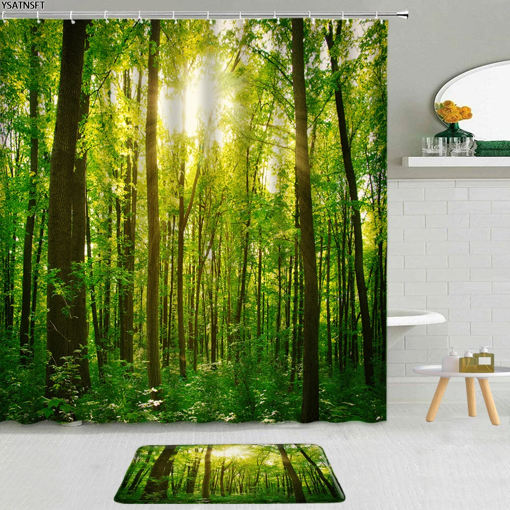 

2Pcs Misty Forest Shower Curtain Green Natural Landscape Bathroom Non-Slip Carpet Bath Mat Hanging Curtains Set Decor 3D Printed