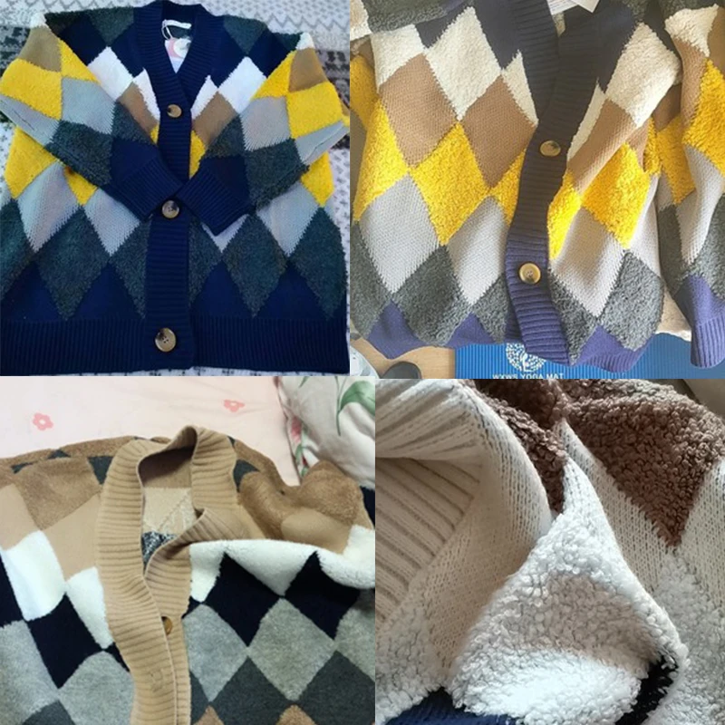 Женский Длинный винтажный кардиган в клетку темно-синий вязаный с узором