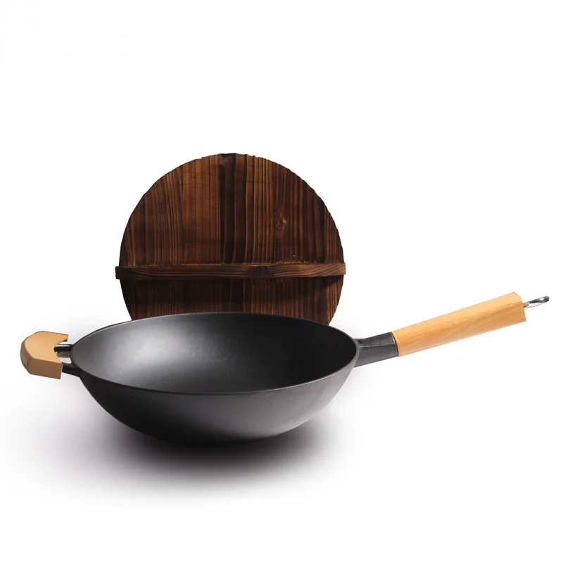 

Cast Iron Wok Chinese Traditional Wok Non-coating With Wooden Cover Gas Cooker Best Wok
