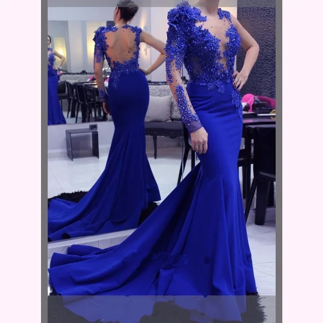 

Vestidos De Festa Blue Muslim Evening Dresses 2020 Beading Asymmentric Mermaid Long Sleeves Satin Lace Pearls DubaiSaudi Arabic