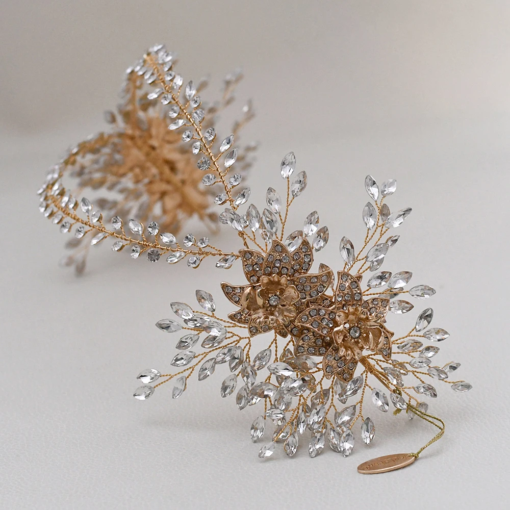 

TRiXY H284-G Golden Floral Bridal Hair Jewelry Rhinestone Wedding Hair Accessories Women Crowns and Tiaras Bridal Hair Pieces