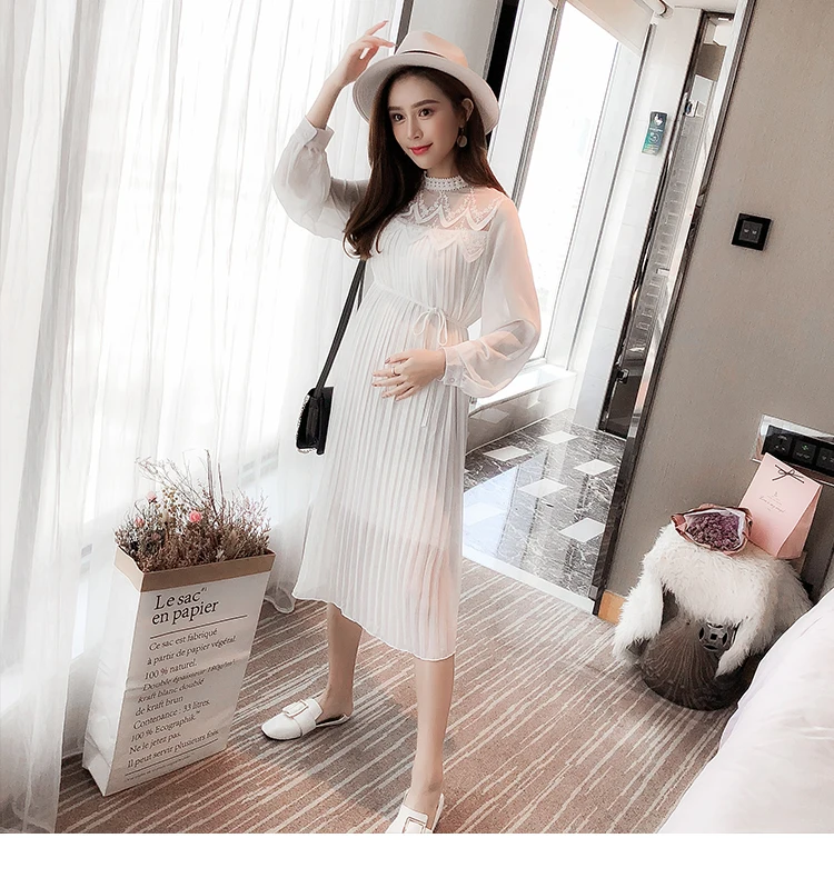 Envsoll Spring Autumn Maternity Dress Mom Long-sleeved Lace Pleated Chiffon Dress Maternity Clothes For Pregnant Women