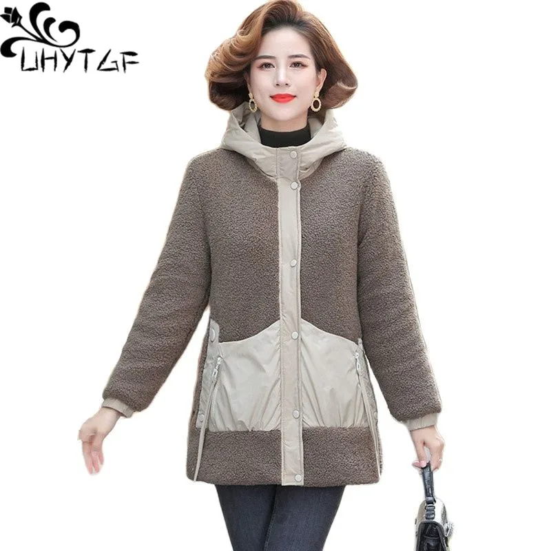 

UHYTGF Quality Sheep Shearing Autumn Winter Cotton Coat Womens Mid-Length Hooded Warm Jacket Korean 5XL Plus Size Outerwear 1904
