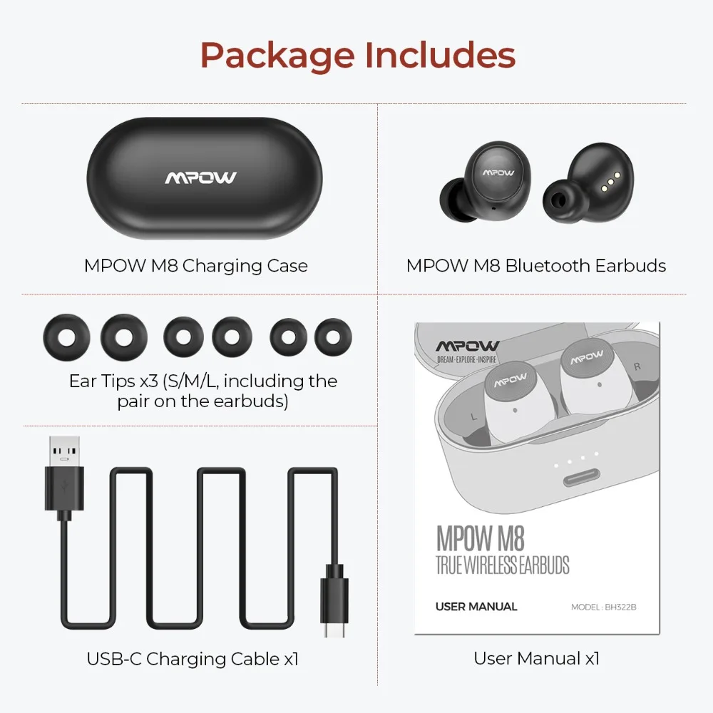 Mpow M8 Bluetooth 5.0 Wireless Earphones Support APTX 24h Playing Time CVC 8.0 Noise Cancelling Mic For iPhone 11 Xiaomi Samsung