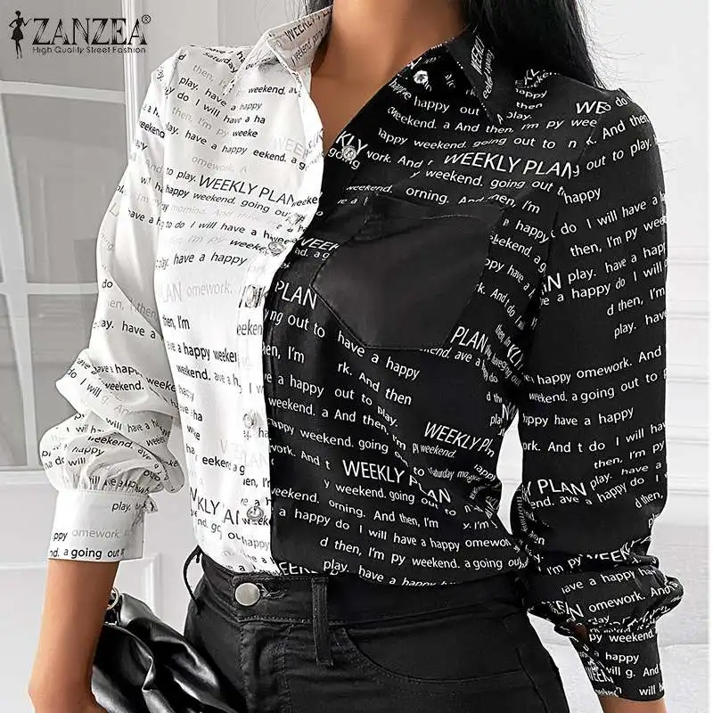 

Женская Осенняя рубашка ZANZEA с длинным рукавом, стильная блузка с буквенным принтом, элегантные офисные свободные топы с воротником с лацкан...