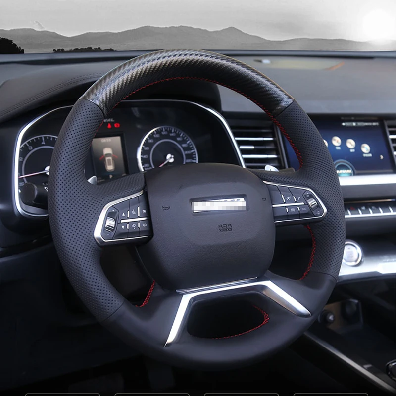 

smRKE For Haval H6 H4 H2S Hand-stitched Anti-Slip Carbon Fibre Black Leather DIY Steering Wheel Cover