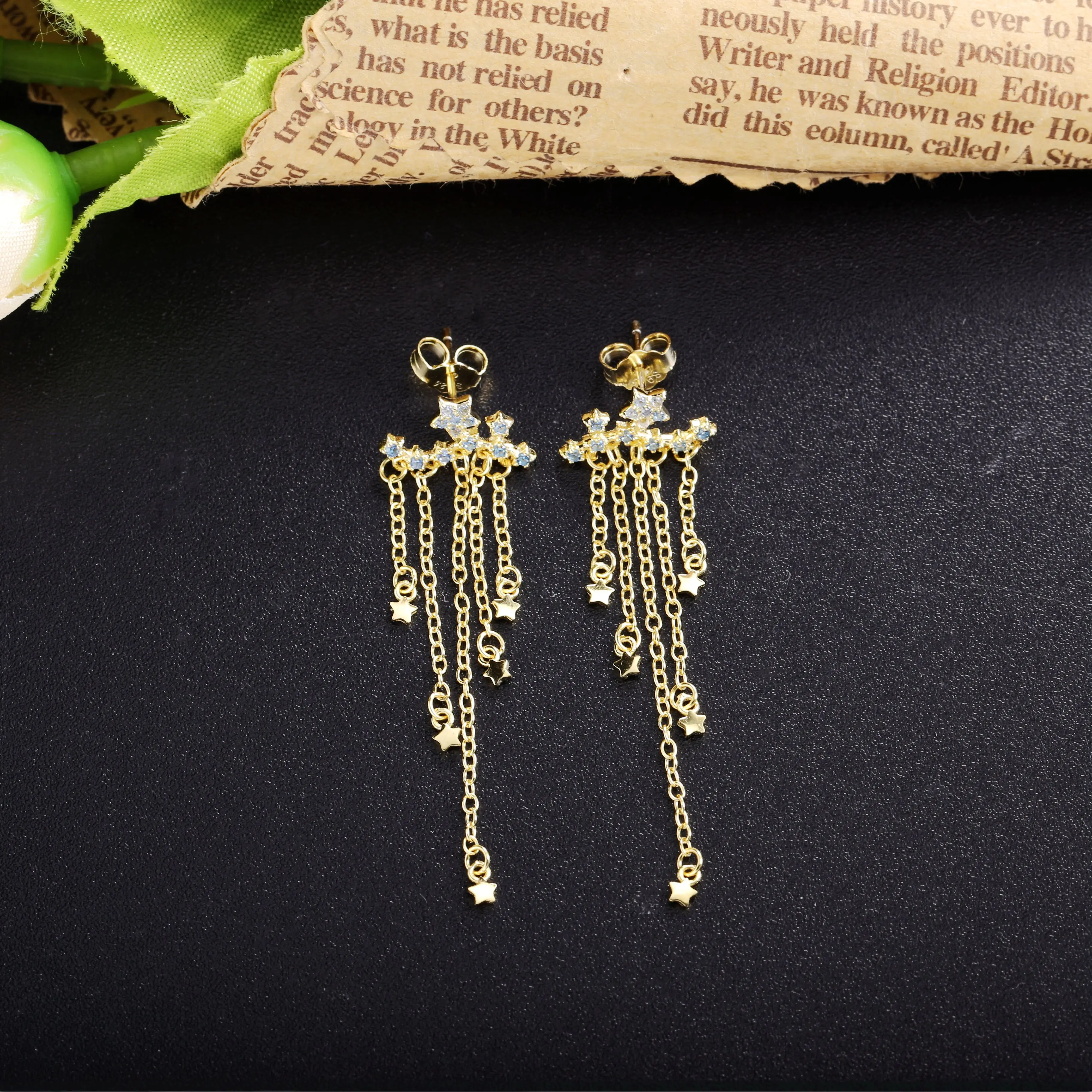 

Slovecabin 925 Sterling Silver Blue Zircon Star Dangle Tassel Drop Earrings For Women Wedding Romantic Gold Chain Arete Jewelry