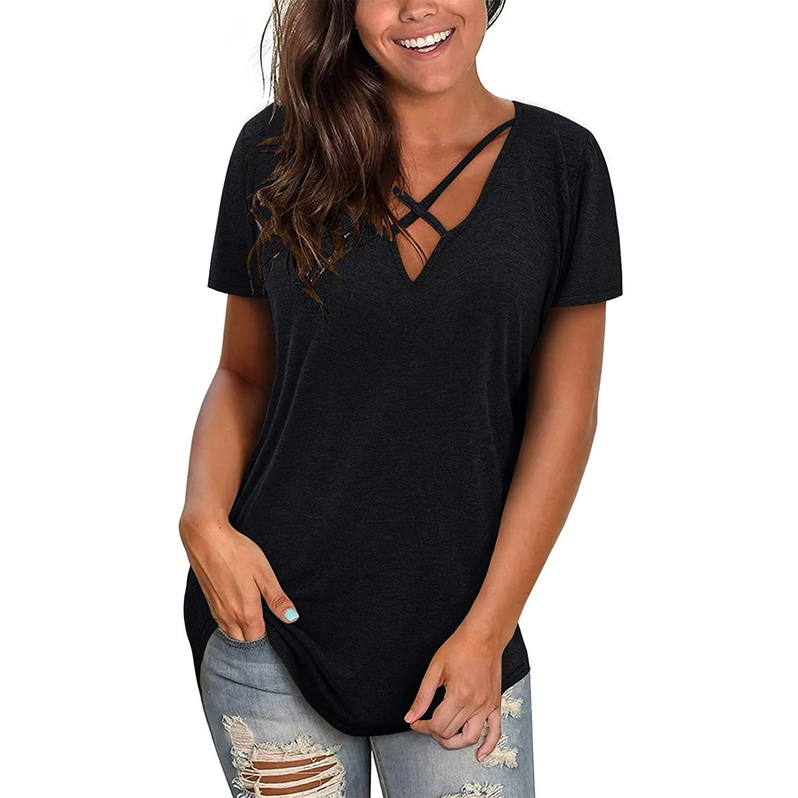 

Sexy V-neck T Shirt For Women Solid Color Green Black Gray T-shirts Short Sleeve Summer Clothes Tee Shirts