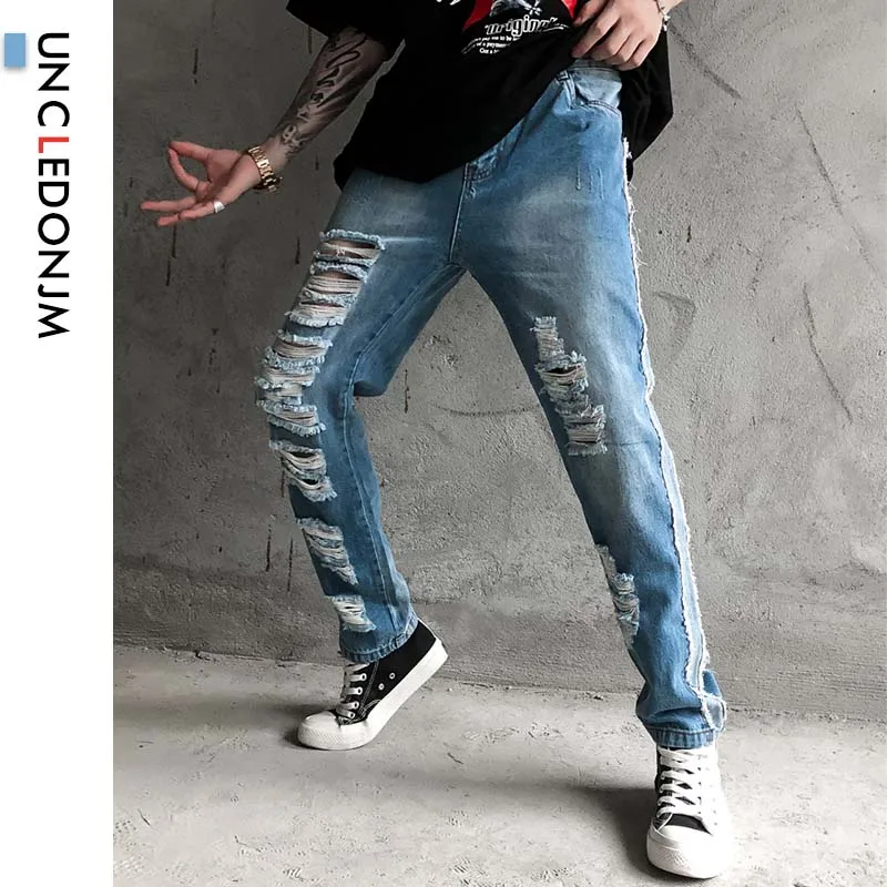 Мужские потертые джинсы UNCLEDONJM уличная одежда в стиле хип хоп рваные для мужчин