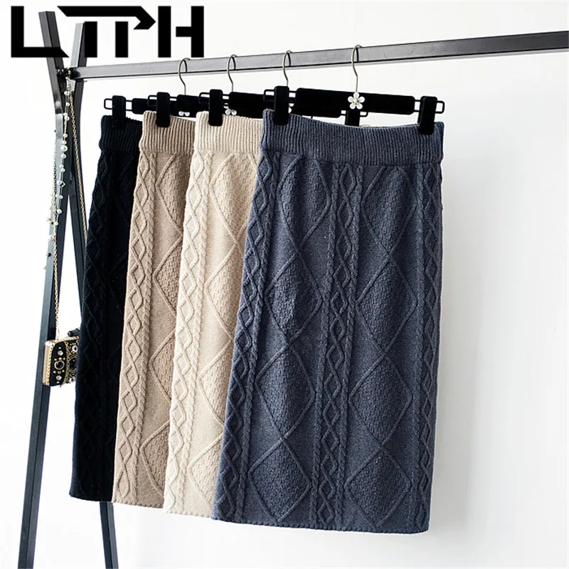 

LTPH vintage Thick line twist knit women skirts High Waist mid-length Package Hip skirt casual all-match Feminine2021 spring new