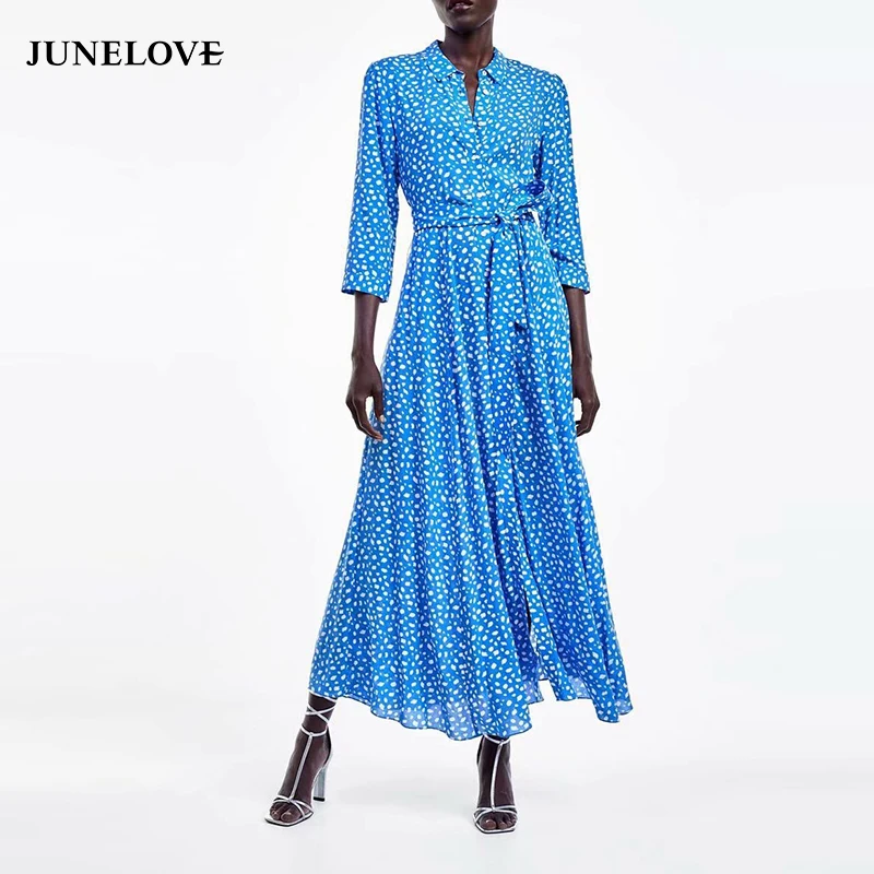 JuneLove женское осеннее платье с длинным рукавом и принтом винтажные пояса