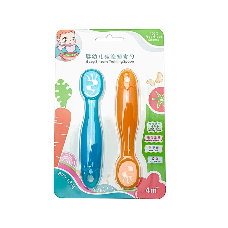 

2PCS Lovely Baby Learning Spoons Set Infant Toddler Anti-slip Feeding Training Utensils Tableware Silicone Teether