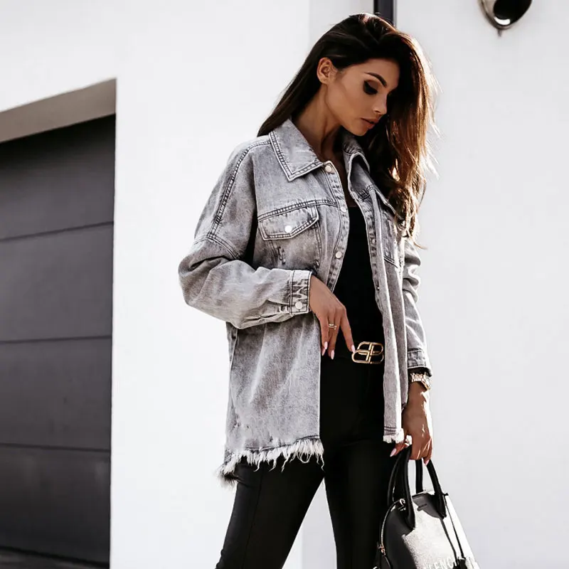 

Vintage Jacket Boyfriend Jacket Gray Color Denim Coat Women 2021 Autumn Wash Make Old Sale Fringed Loose Denim Jacket For Women