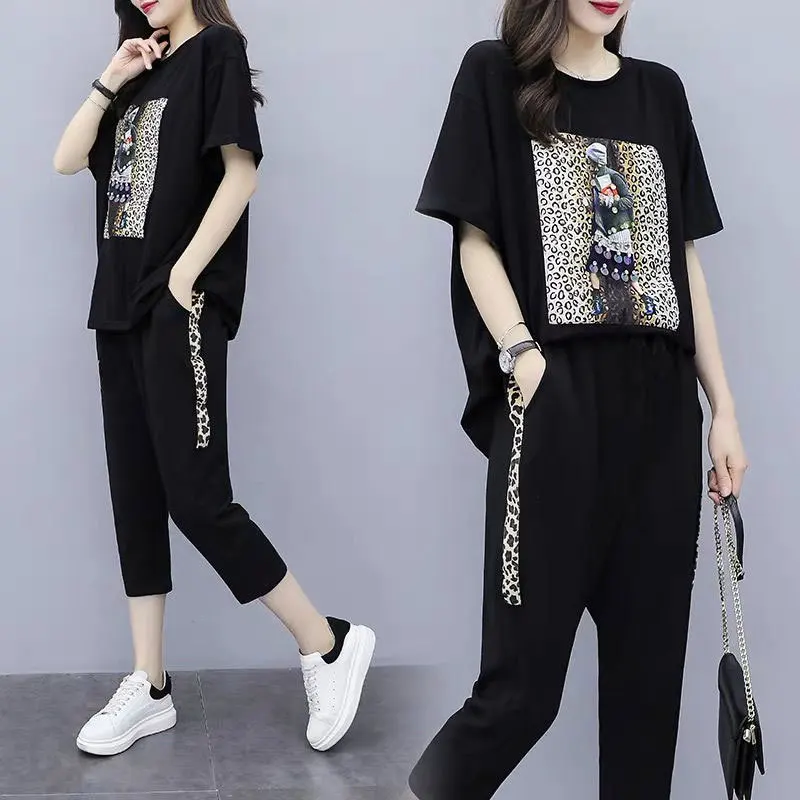 

Summer Pantsuit Set Short Sleeve Tops Casual Women's Black Oversize Tracksuits Fashion Sportswear Calf-Length Pants Size 5XL