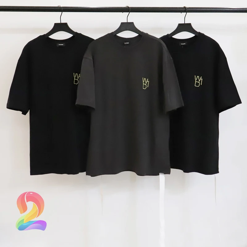 

WE11DONE Pearl Hot Rhinestone T-Shirt Men Women High Quality Round Neck Drop Shoulders T Shirts Welldone Fashion Casual Tops