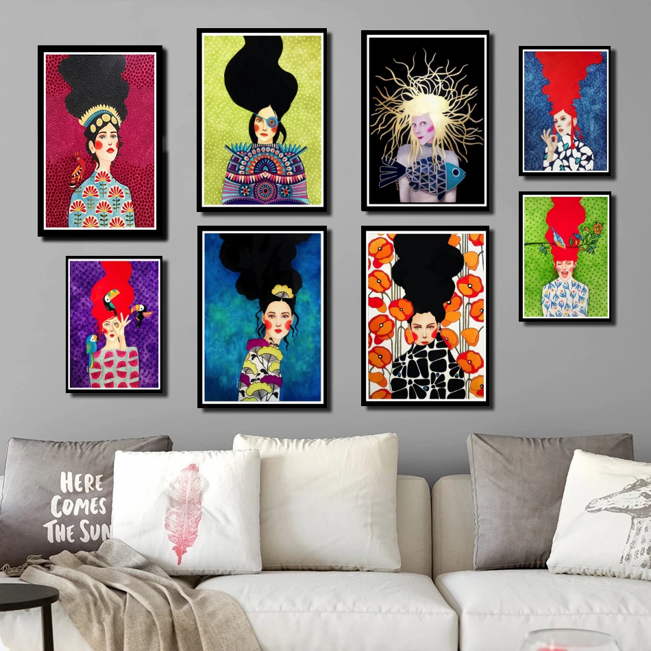 

Perfect JL Abstract Girl Hair Flower Bird Wall Art Nordic Posters And Prints Vintage Home Decor wall stickers