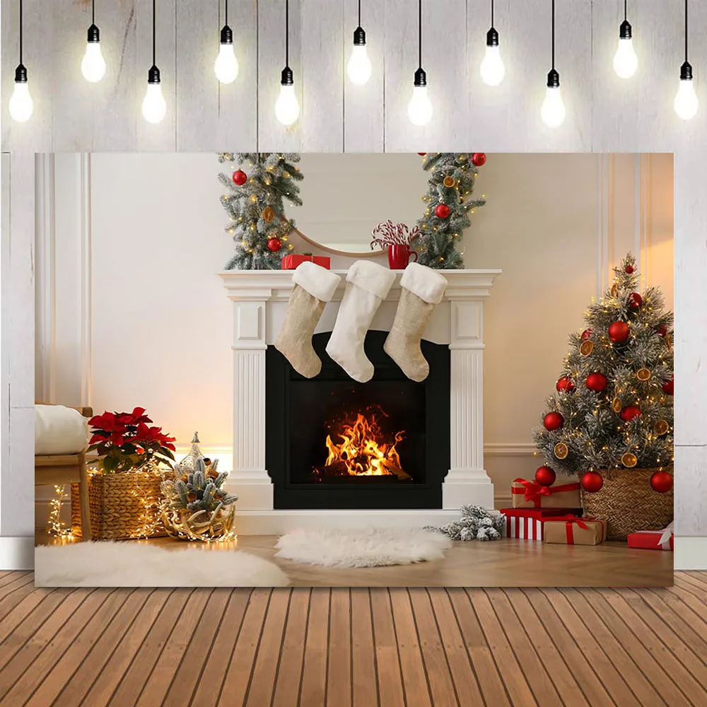 

Christmas Fireplace Photography Backdrop Living Room White Fireplace Sock Children Family Portrait Photo Background Studio Props
