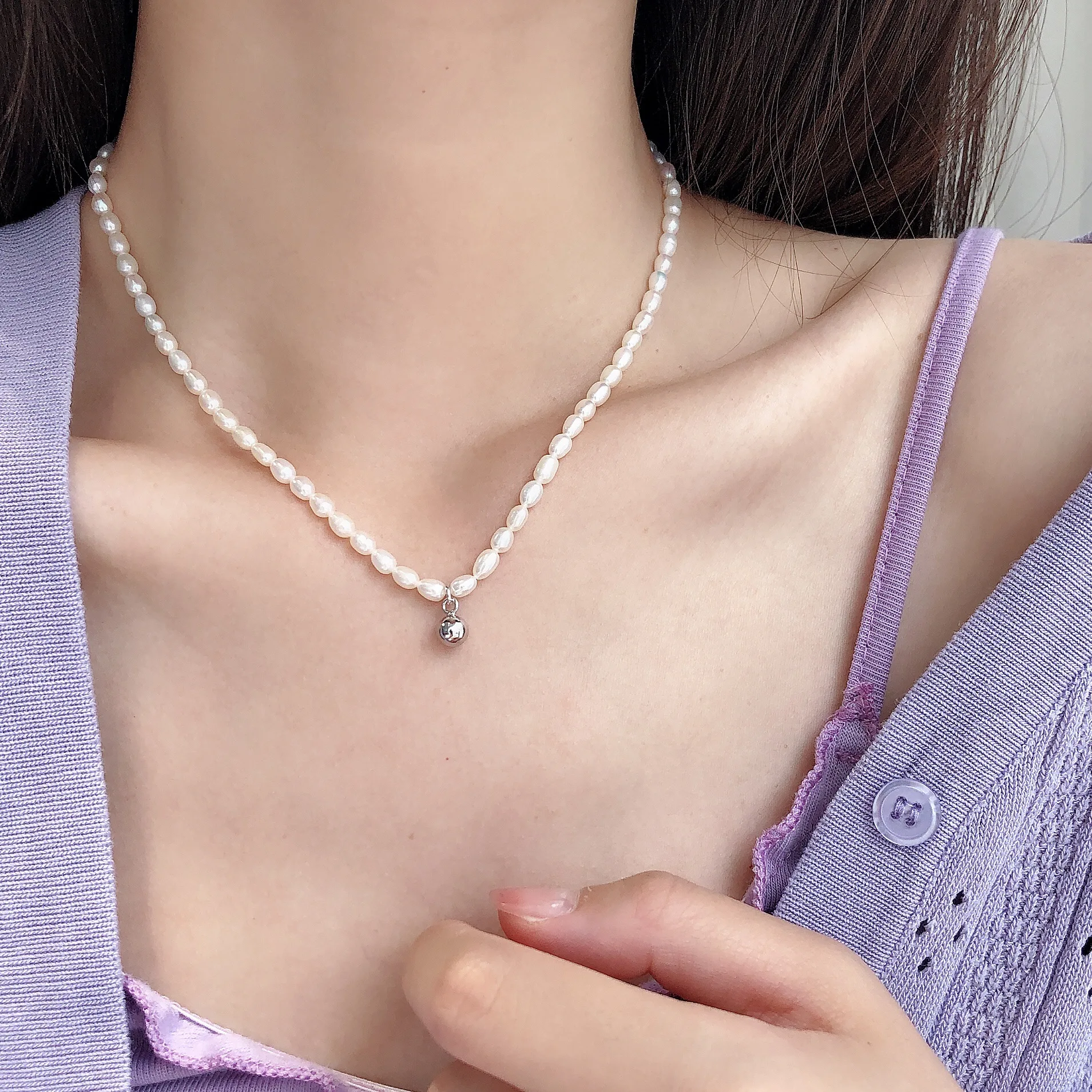 

Natural Millet Pearl Women's Necklace Simple 925 Sterling Silver with Pendant Jewelry Wild Niche Design Clavicle Chain