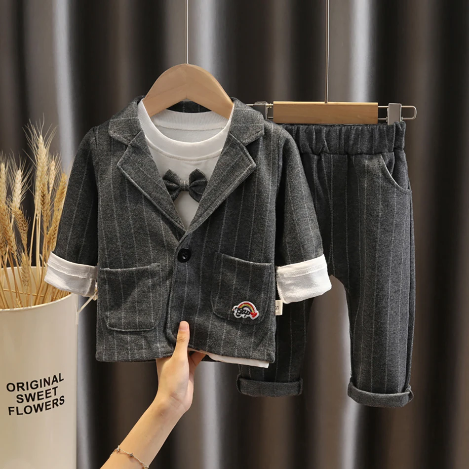 Spring Children Kids Formal Gentleman Casual Toddlder Boys Tie Jackets T-Shirt Pants 3pcs Sets Infant Suit Costume