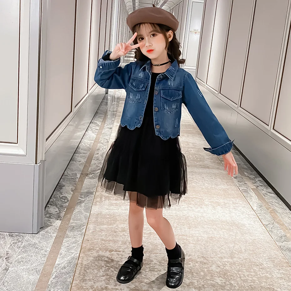 Детская одежда джинсовая куртка и платье спортивные костюмы для девочек