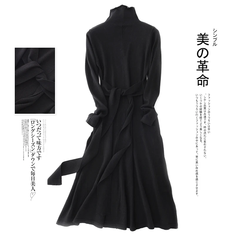 H-neck black Женское вязаное платье с высоким воротом и поясом, платье-туника из шерсти и кашемира, мягкое уютное Женское зимнее длинное платье-свитер, модный и квадратный воротник - Цвет: H-neck black
