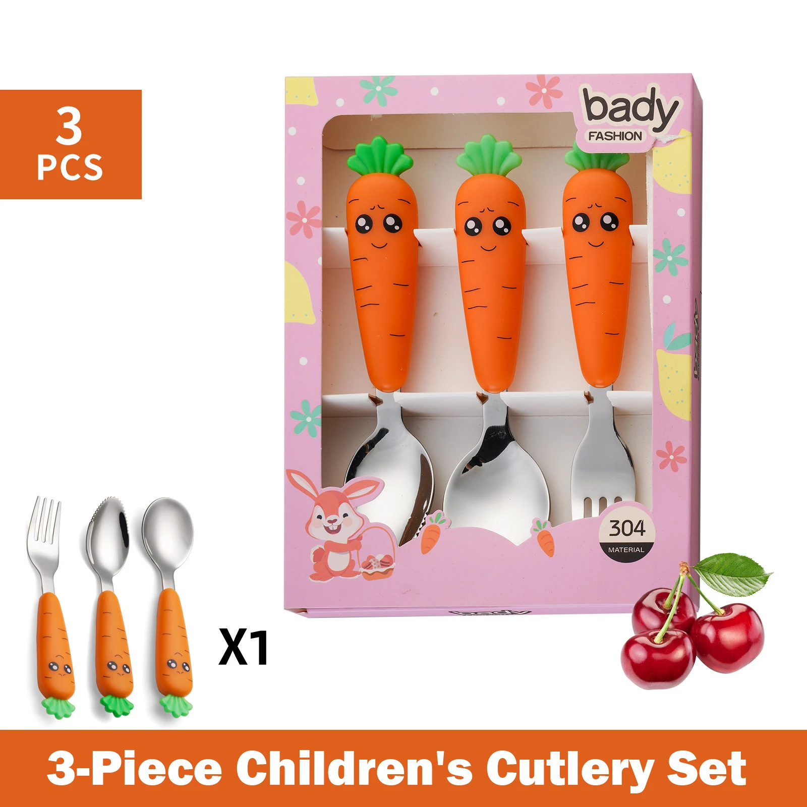

Toddler Flatware Creative Cartoon Radish Baby Fork Spoon 304 Stainless Steel Tableware 3-Piece Children Cutlery Set
