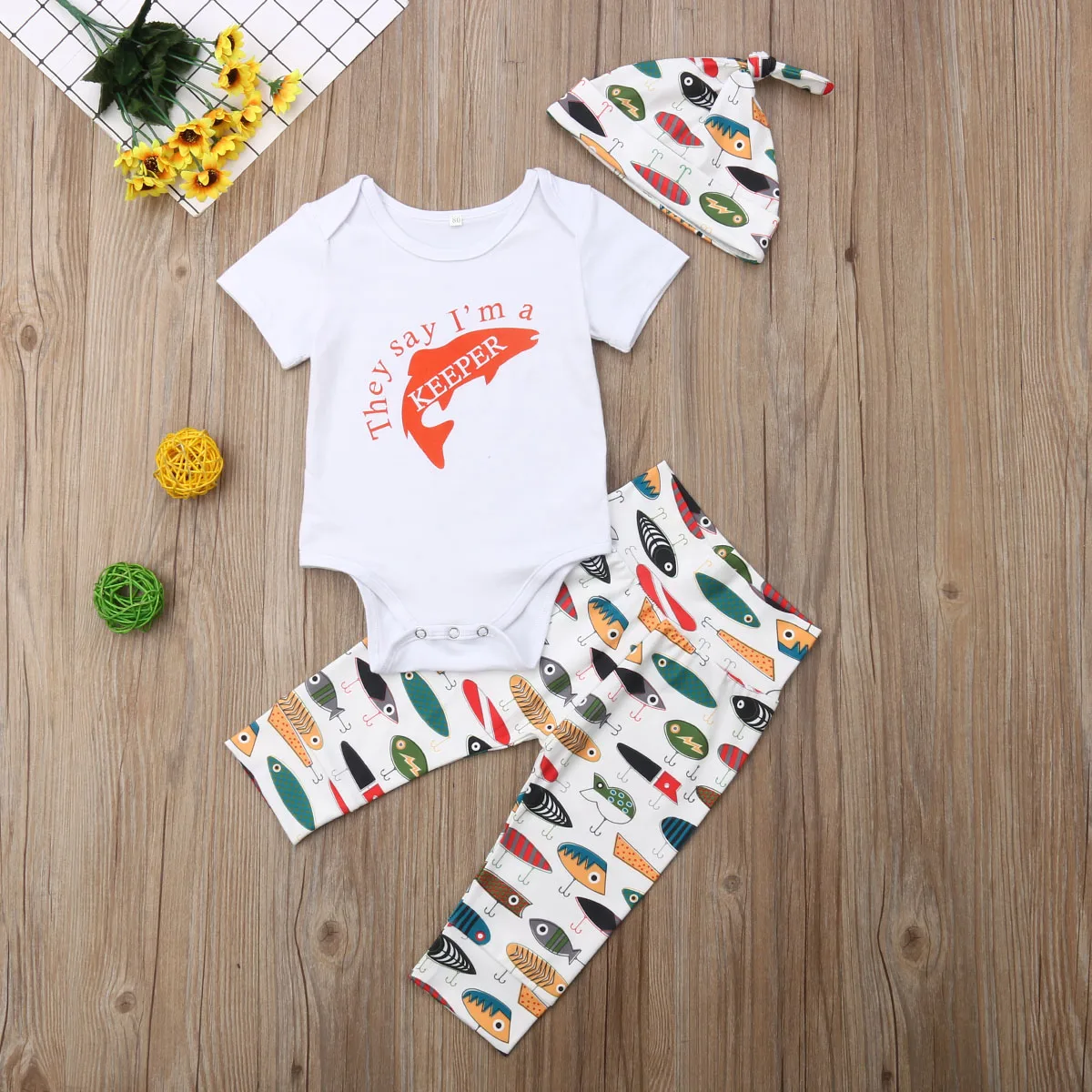 

2021 Newborn Baby Boy Clothes Summer Fish Printed Bodysuit Jumpsuit+Pants Legging + Hats Fish 3pcs Outfit Set 0-24M