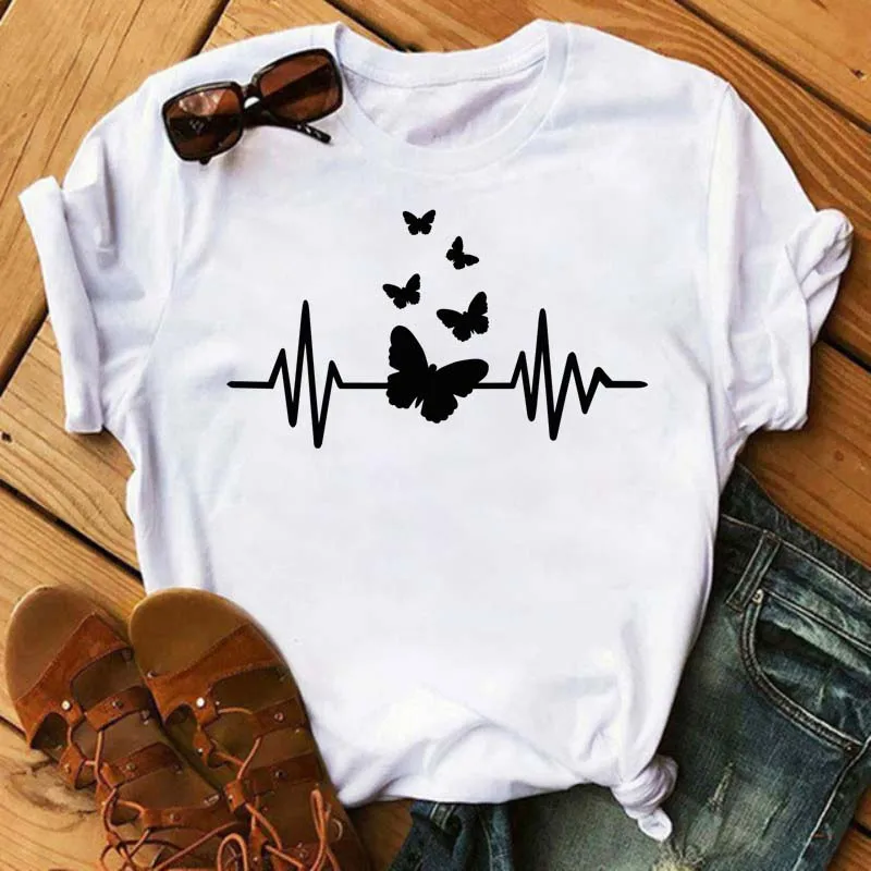 

Maycaur Butterfly Heartbeat Women Fashion Cartoon Print White T-shirt Harajuku Shirt Short Sleeves Tops Tee Femme Summer Top