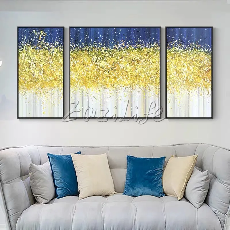 Набор из 3 абстрактных золотых деревьев синяя живопись акриловая Картина на