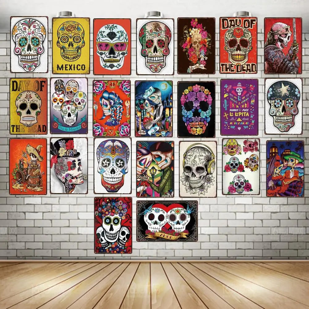 Металлический знак с изображением сахарного черепа потертый шикарный