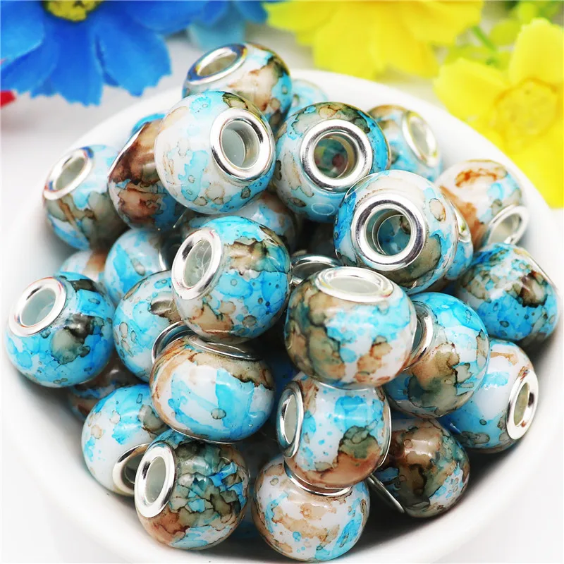 

10Pcs Marble Color Big Hole European Glass Beads Bulk Fit Pandora Charm Bracelet Bangle DIY Women Men Chain Cord Jewelry Making