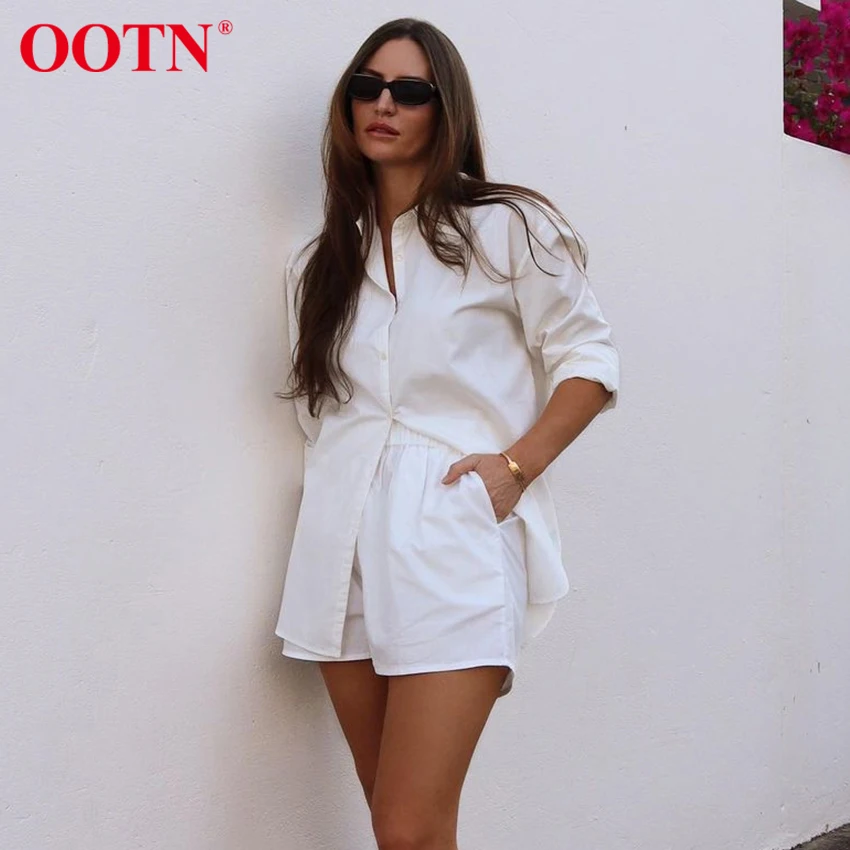 

OOTN Cotton Casual Suits Women Long Sleeve Sets Blue Home Wear Solid Tops Female White Shorts Two Piece Sets Spring Summer 2021