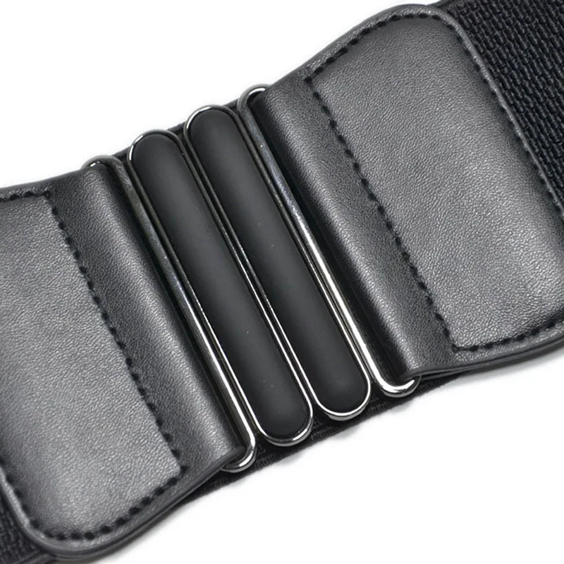 

Lady Solid Color Buckle Wide Faux Leather Elastic Waistband Belt For Jeans Pants