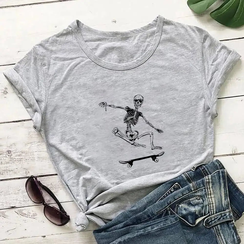 

Skateboarding Skeleton Graphic Print 100%Cotton Women Tshirt Unisex Funny Summer Casual Short Sleeve Top Hipster Grunge T Shirt