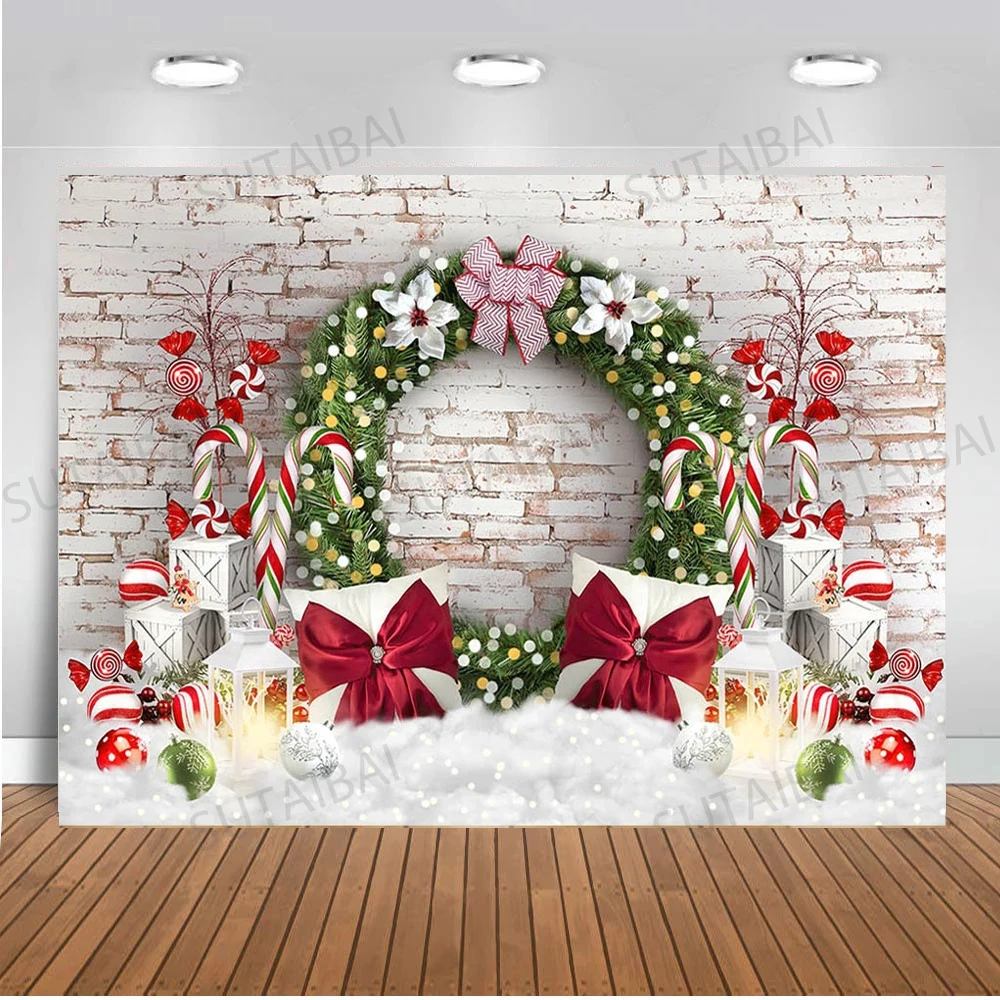 

Christmas Backdrop White Brick Wall Wreath Gift Newborn Photography Background Kid Birthday Portrait Photoshoot Studio Props