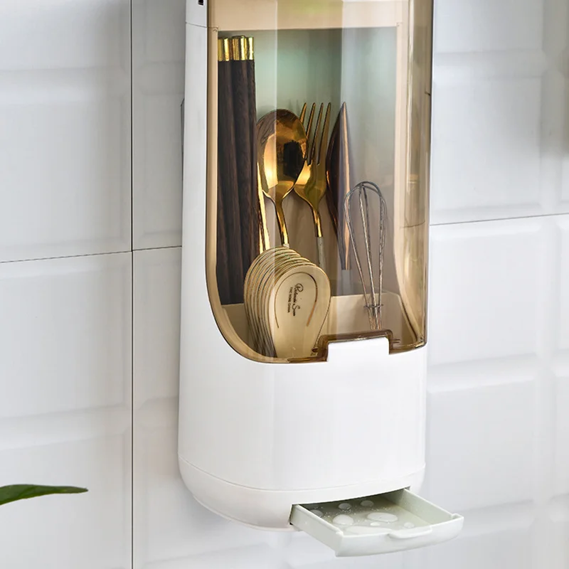 sterilizer kitchen utensils case mounted wall disinfect rack chopsticks holder cutlery draining flip top box organizing gadget free global shipping