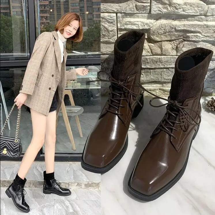 Женские ботинки с квадратным носком Зимние Теплые ботильоны на плоской подошве